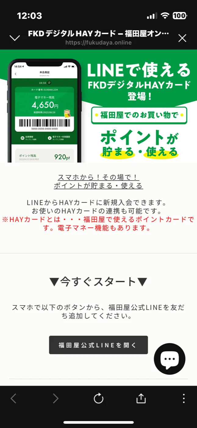 LINEと連携したFKDデジタルHAYカードのポイント機能の画面例